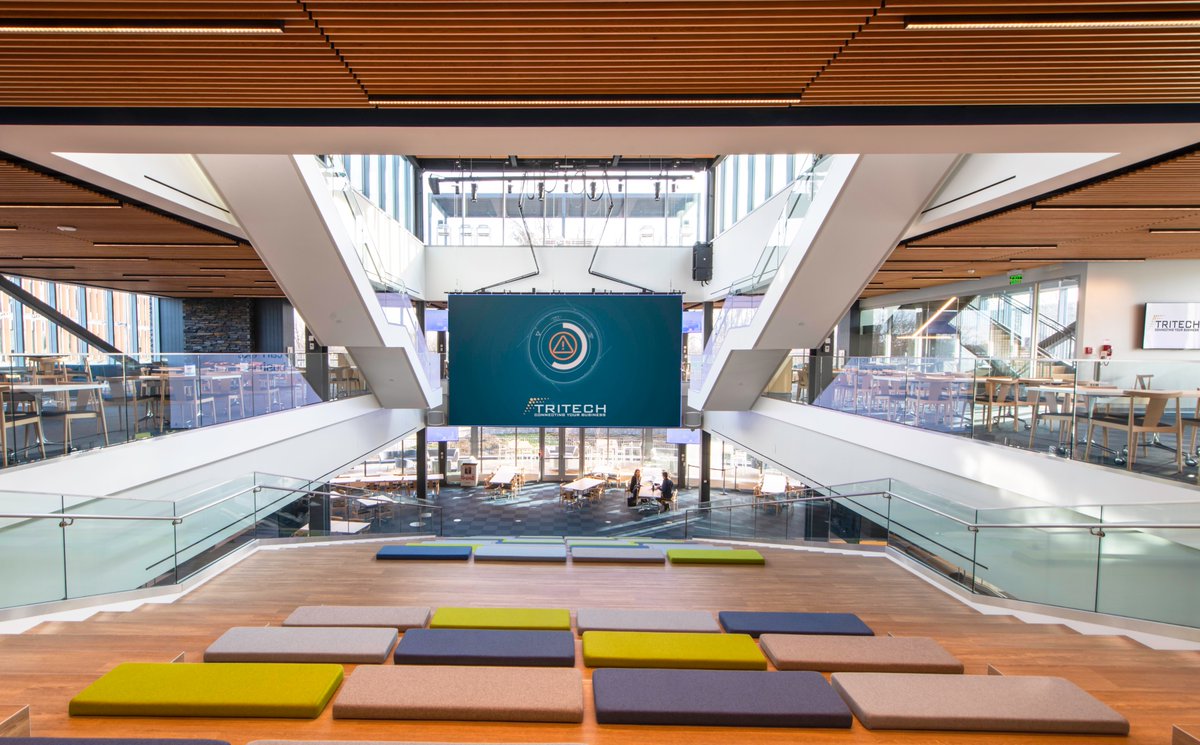 TRITECHComm's tweet image. Check out this case study featuring a retractable 26’ wide video wall! The video wall measures 26’ wide x 12’ high. The wall can be lowered to an operating position 2’ off the floor and raised to a storage position 24’ above that floor. tritechcomm.com/case-studies/a…