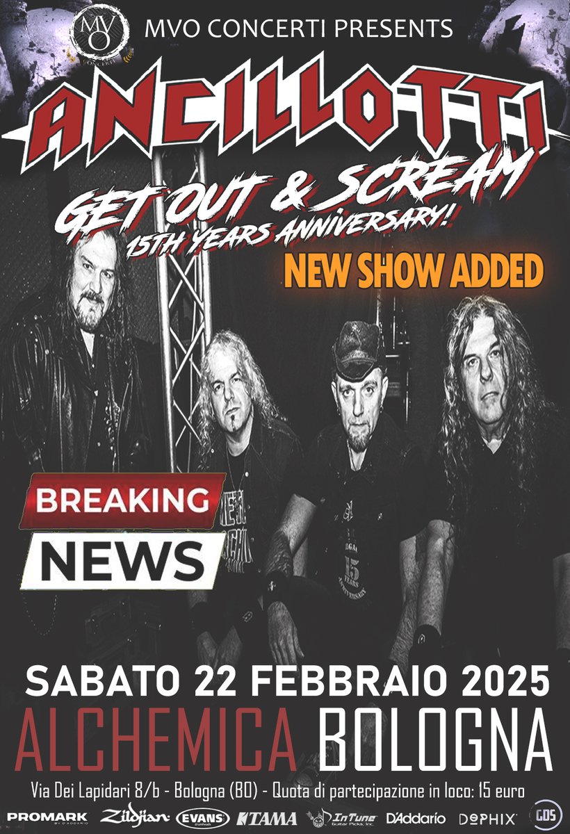 ANCILLOTTI "GET OUT AND SCREAM 15TH YEARS ANNIVERSARY TOUR" - SI AGGIUNGE UN DATA IN EMILIA!
Alchemica Music Club - Bologna in Emilia Romagna"!!
Info e dettagli:
facebook.com/events/1916547…
Get Out &amp; Scream Warriors!
#everyonefollowers #BreakingNews #liveshow