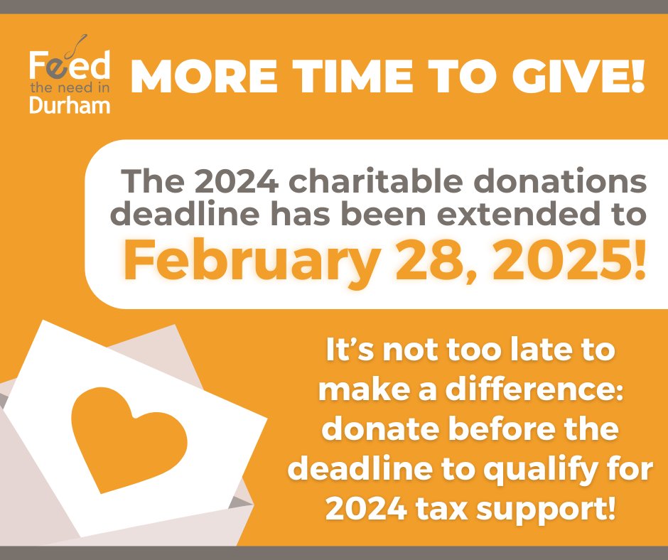 📣 More time to give!

Donations made to charitable organizations like FTND before February 28th qualify for 2024 tax support!

Make your donations count: learn more &amp; donate today at feedtheneedindurham.ca/donate 🧡