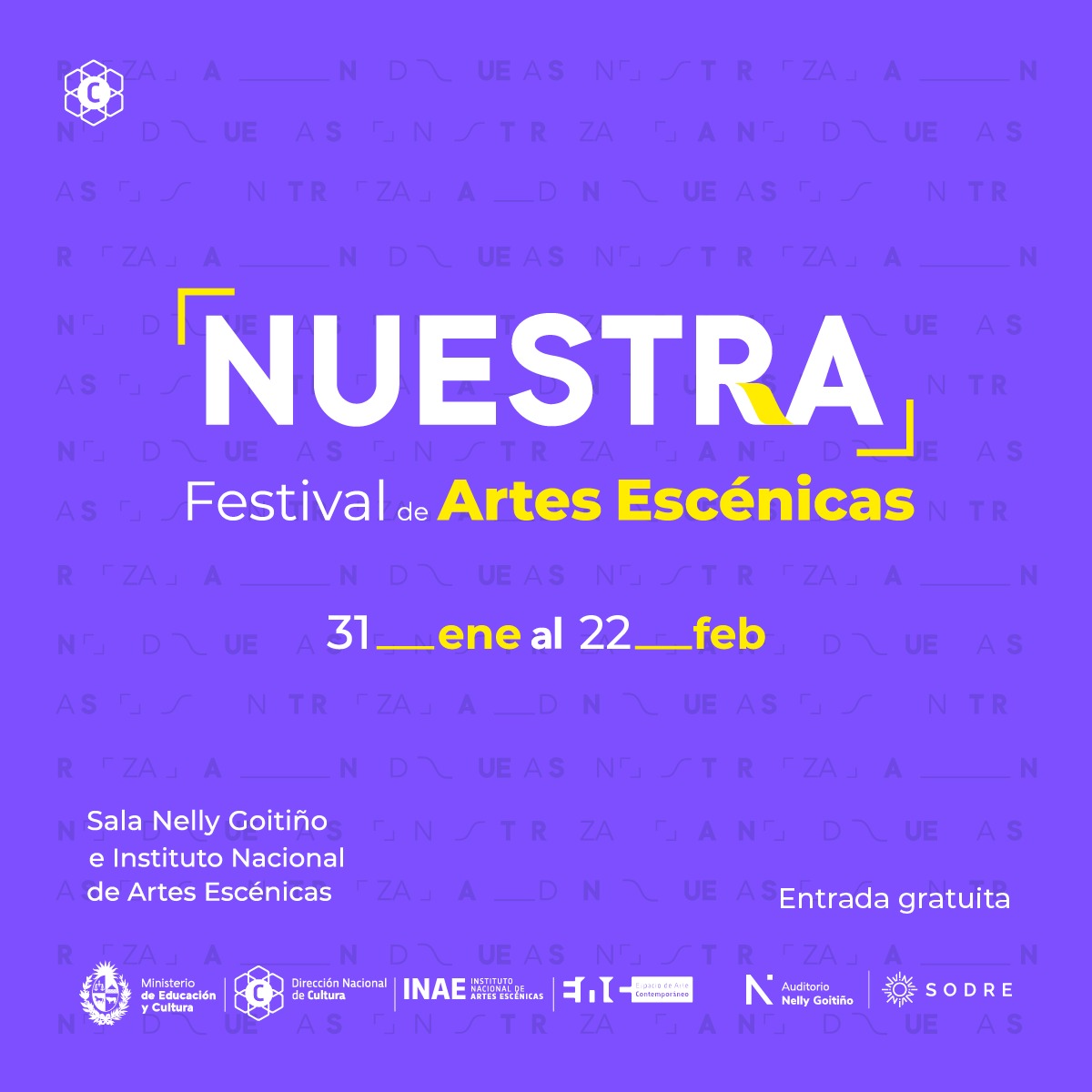 ¡Disfrutá de las artes escénicas con entrada gratuita! 🎭

👉 Del 31 de enero al 22 de febrero llega NUESTRA, el Festival de Artes Escénicas con 15 espectáculos de autores uruguayos

📍Sala Nelly Goitiño | Av. 18 de Julio 930
📍Instituto Nacional de Artes Escénicas | Zabala 1480