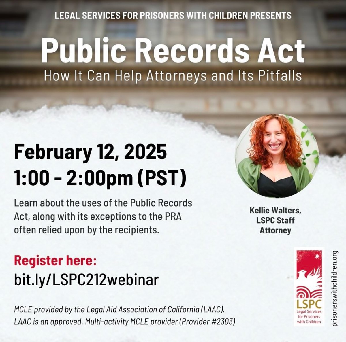 Sterling Hospedales (@sthospedales) on Twitter photo Repost• <a href="/lspcmovement/">Legal Services for Prisoners with Children</a> 📢 New webinar alert 📢
LSPC’s Staff Attorney Kellie Walters will explain the uses of the Public Records Act, along with its exceptions to the PRA often relied upon by the recipients.
When: February 12th, 1-2 pm
Where: Zoom, bit.ly/LSPC212webinar Repost• <a href="/lspcmovement/">Legal Services for Prisoners with Children</a> 📢 New webinar alert 📢
LSPC’s Staff Attorney Kellie Walters will explain the uses of the Public Records Act, along with its exceptions to the PRA often relied upon by the recipients.
When: February 12th, 1-2 pm
Where: Zoom, bit.ly/LSPC212webinar
