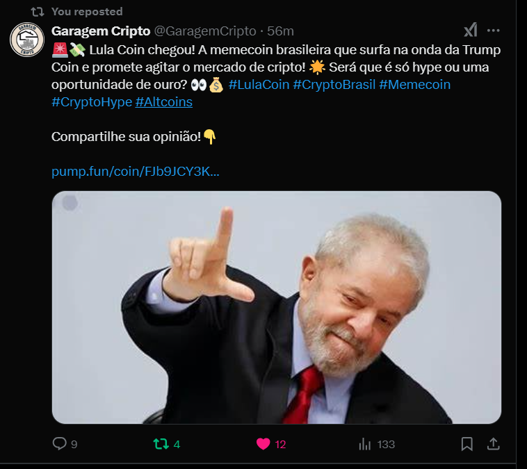 0224Projeto's tweet photo. @bruca COIN OF BRAZILIAN PRESIDENT LULA The cryptocurrency of the left that strengthens the fight for equality and social justice! Invest in a solidary and inclusive future with our values. Together, we build a stronger Brazil!   FJb9JCY3KyktGuZETYVH511UmtREuppxSQ2UXRjApump https://t.co/9xsDvy9R0r