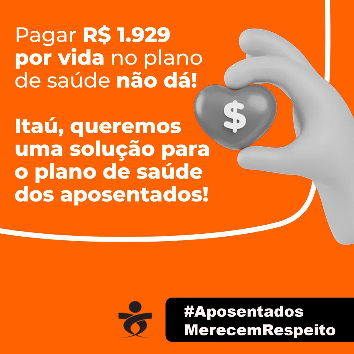 spbancarios's tweet photo. Pagar R$ 1.929 por vida no plano de saúde é um absurdo! Itaú, garanta a viabilidade do plano de saúde dos aposentados! #AposentadosMerecemRespeito https://t.co/ejaNHForzV