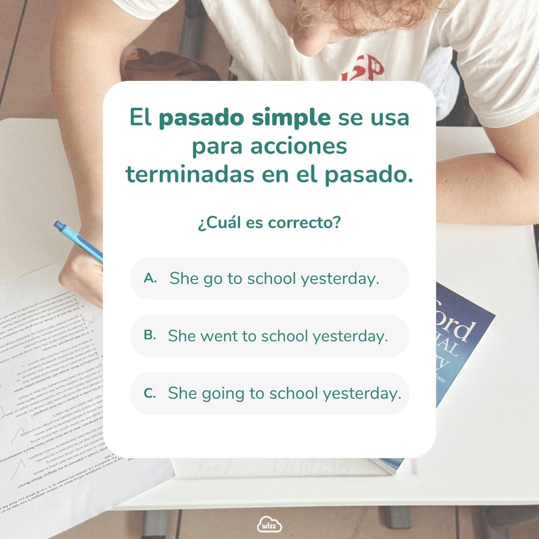 WizzLearning's tweet image. 🎓 ¡Un reto para tu inglés! ¿Dominas el pasado simple? Haz nuestro test en el carrusel y comparte tus respuestas en los comentarios. 📝 ¡Aprende con nosotros y perfecciona tu gramática! #PastSimple #AprendeInglés
