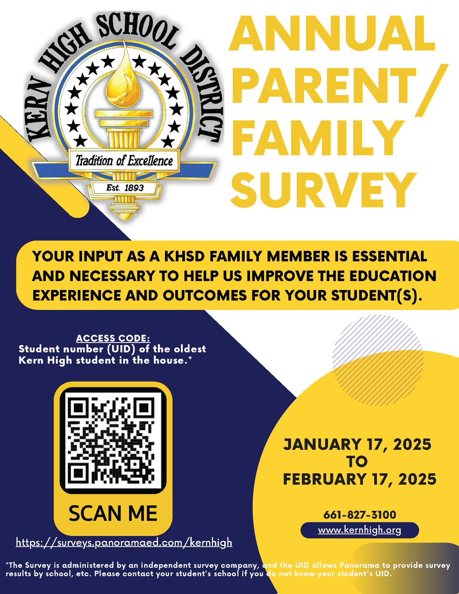 Take the Kern High Parent &amp; Family Survey by February 17, 2025.
Visit kernhigh.org 
How to access: KHSD Parent &amp; Family Survey
Why participate? Your feedback improves your student's education.
Need help? Contact your school's Parent and Family Center.
Thank you!