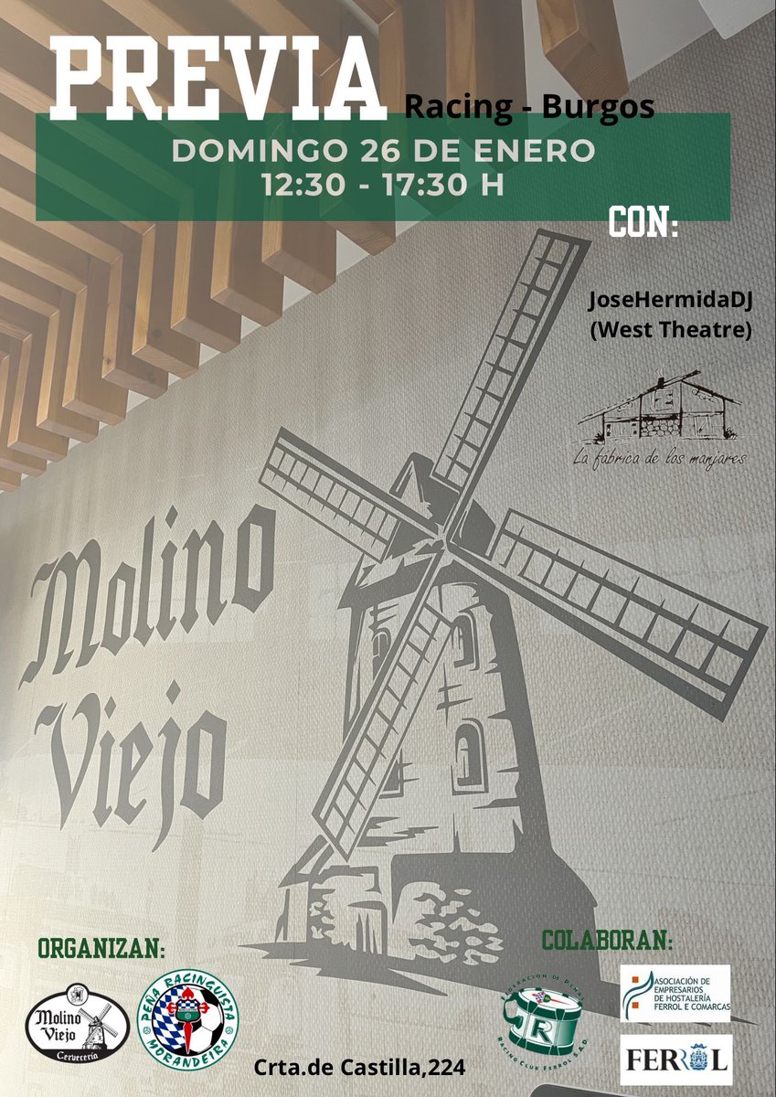 pr_morandeira's tweet photo. *RACINGUISTAS  TENEMOS UNA CITA*📢

💚 Previa Peña Morandeira
🗓️ Domingo, 26 de Enero
📍 Molino Viejo
⏰ 12:30 a 17:30H

🥙La fábrica de Manjares 
🍻Molino Viejo 
🎧 JoseHermidaDj (West Theatre)

Sigamos soñando, sigamos animando! 💚💚💪💪

#SomosRacing #PeñaRacinguistaMorandeira https://t.co/OBbOdP0fGO