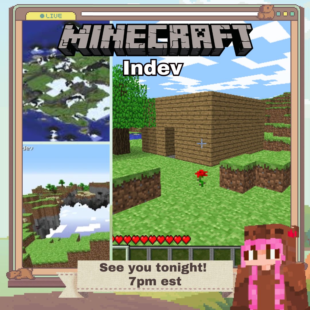 cute_cappy's tweet photo. Trying out an early version of Minecraft (and probably die) for the first time on stream tonight! (last indev version.) See you at 7pm EST! -- https://t.co/SJpfSbv1lG -- #mcindev #minecraft #minecraftindev #girlgamer #egirl #girlstreamer #twitchaffiliate #twitchstreamer https://t.co/2FnQfZiQ9y
