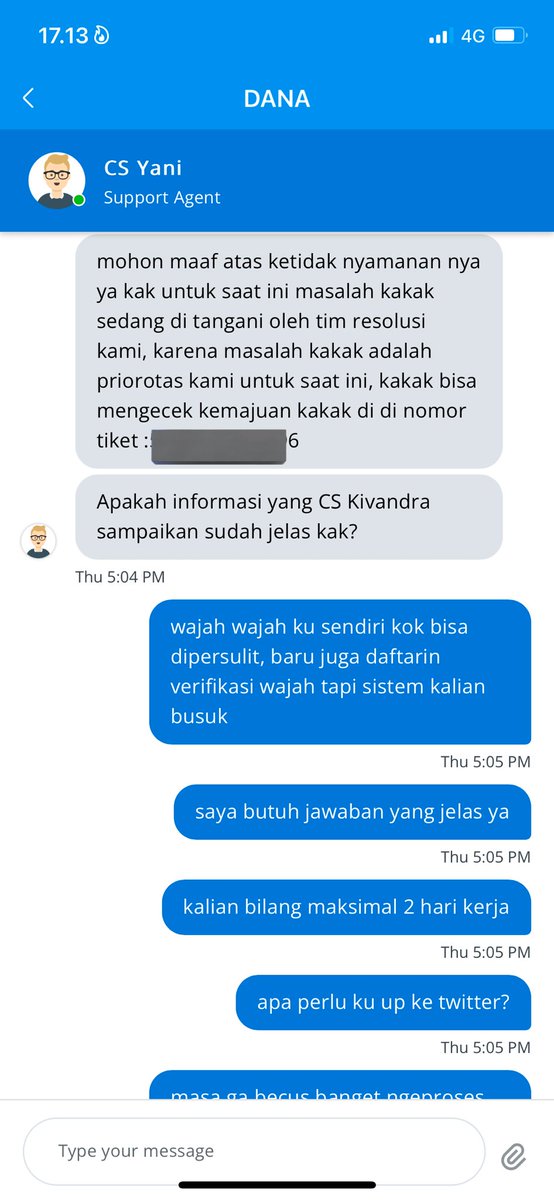 TARIKHAKA's tweet photo. bikin laporan di dana  @danawallet bilangnya diproses maksimal 2 hari kerja, tapi udah hari ke 4 tetep gada hasil perihal kendala verifikasi wajah, mana kelakuan cs nya suka ngeclose chat. anjg anjg https://t.co/1OUuN75AoD