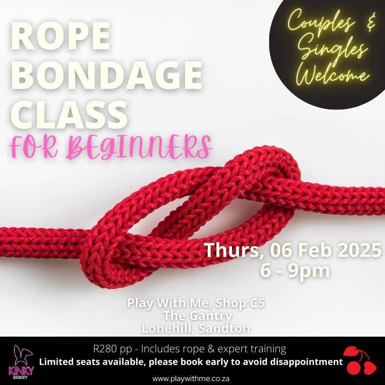 PlayWithMeZA's tweet photo. New year, new KINKY you! 😏🔥🤩

Join us for our first class of the year and let Kinky Bunny show you how to get hands on with rope! 

A popular class and, as always, all are welcome ♥️

https://t.co/6y1miqCjQN

See you soon! 

#ropeclass #shibari #ropebunnies #datenight https://t.co/1lrQcKoUDQ