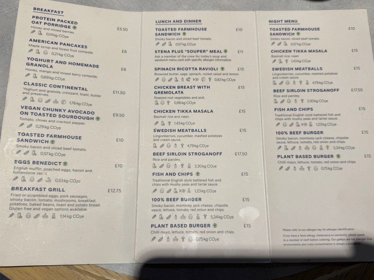 It's amazing to see carbon footprints on menus now! We should empower consumers to consciously choose foods and associate their environmental impact! Next- Lifecycle impact indicators. Well done <a href="/StenaLineUKIE/">Stena Line UKIE</a>  #ClimateAction  Although I will pay my penance for the cheeky fry up