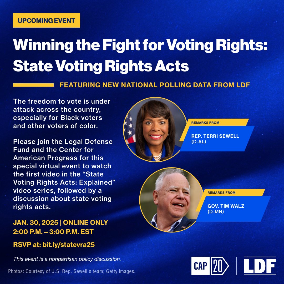 DemocratsofIR's tweet image. The freedom to vote is under attack. States can fight back by passing Voting Rights Acts. Join LDF &amp;amp; CAP for a virtual event with experts and leaders like Gov. Tim Walz &amp;amp; Rep. Terri Sewell. Watch the first video in the series! RSVP: …hefightforvotingrights.splashthat.com #VotingRights