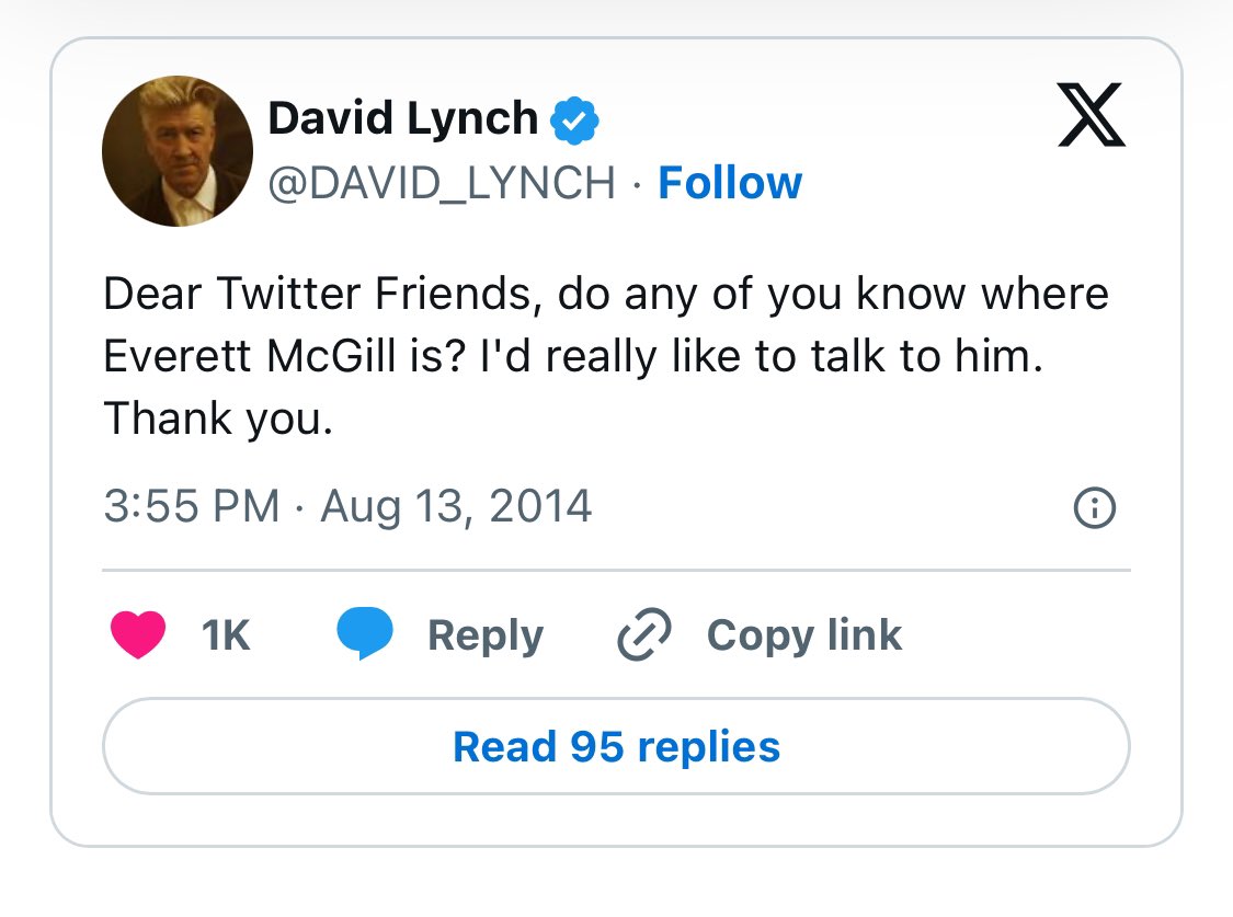 TheGayChingy's tweet image. All the more exceptional because Everett McGill, the actor who plays Big Ed Hurley, had retired from acting completely for 15 years. David Lynch was only able to get in contact with him again with the help of Twin Peaks fan communities.