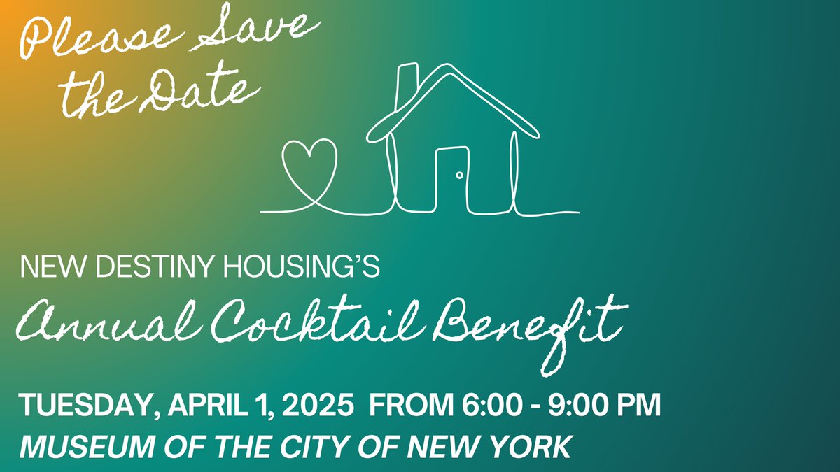New Destiny Housing (@newdestinyorg) on Twitter photo š£ļøSave the date: Our Annual Benefit will be taking place on Tues, April 1st from 6:00 ā 9:00 PM at The Museum of the City of New York!
More information to follow! For underwriting and sponsorship info, email giving@newdestinyhousing.org. š£ļøSave the date: Our Annual Benefit will be taking place on Tues, April 1st from 6:00 ā 9:00 PM at The Museum of the City of New York!
More information to follow! For underwriting and sponsorship info, email giving@newdestinyhousing.org.