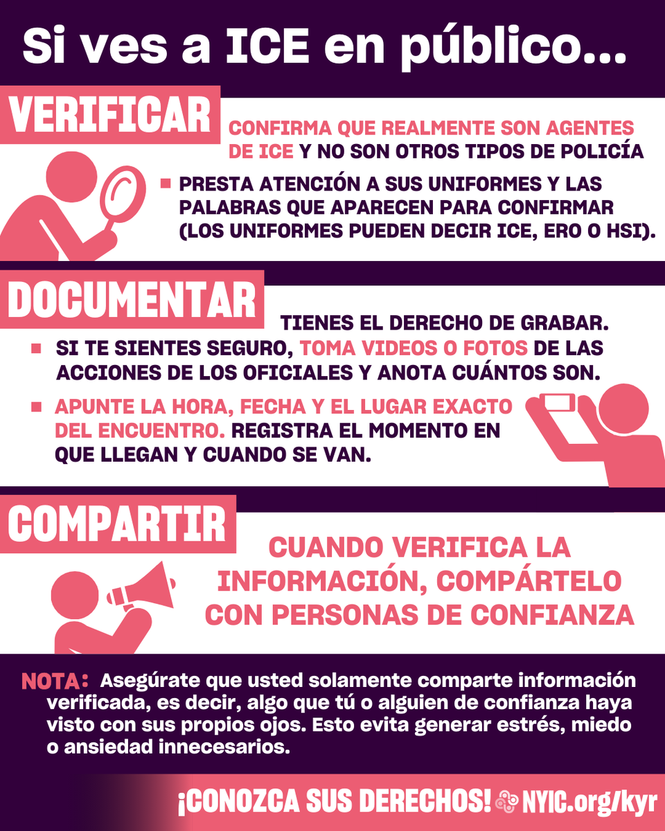 ⚠️ Know Your Rights During ICE Encounters/Conoce Tus Derechos Durante Encuentros con ICE⚠️

1️⃣ VERIFY/VERIFICA 
2️⃣ DOCUMENT/DOCUMENTA
3️⃣ SHARE/COMPARTE

Learn more at: nyic.org/kyr
Aprende mas: nyic.org/kyr