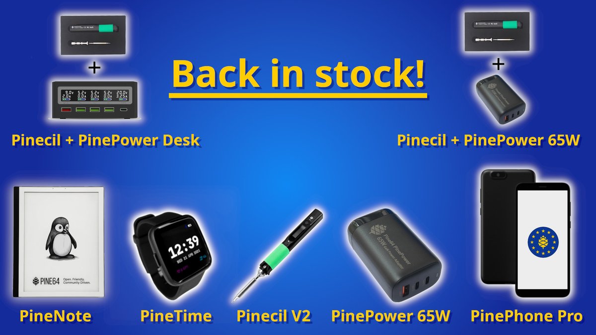 pine64eu's tweet image. Back in stock❗#Pinecil V2, #PineTime, #PineNote, #PineTab2, #PinePhone Pro as well as #PinePower bundles and accessories
- Devices: pine64eu.com/product-catego…
- Accessories: pine64eu.com/product-catego…
- Bundles: pine64eu.com/product-catego…