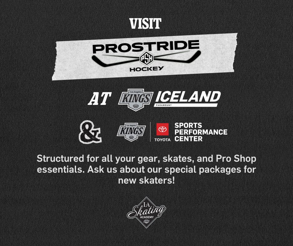 Visit Prostride Hockey at @toyotasportsperformancecenter &amp; @lakingsiceland for all your gear, skates, and all your pro shop essentials. Ask about special packages for new skaters!
For more info call 
Paramount 424•366•5496
El Segundo 310•919•8998