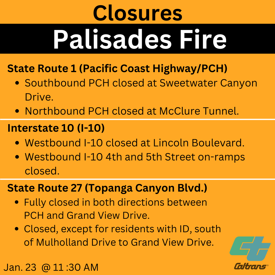 🚧 CURRENT CLOSURES 🚧
 
As of 11:30 AM Thursday 1/23. (Update to I-5). Please avoid these closed areas. Stay informed about the latest highway &amp; ramp closures due to ongoing fires &amp; high winds at Quickmap.dot.ca.gov Closures are subject to change. #PalisadesFire #HughesFire