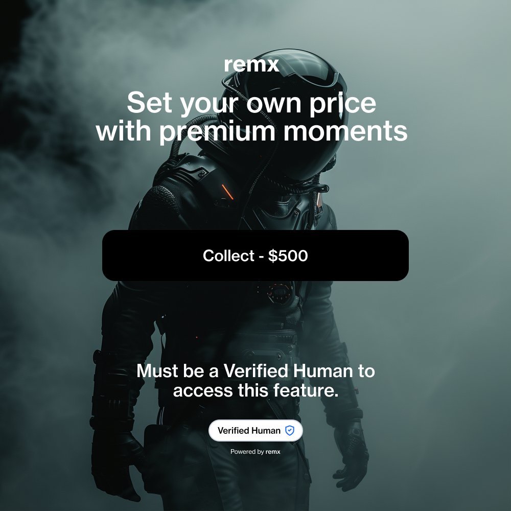 remx_xyz's tweet photo. Tired of selling your art for pennies?

Remx empowers Verified Human artists to set their own prices for moments. 😎

👉You can now showcase your curated pieces in exclusive 24-hour sales while keeping your art accessible.
👉Full control—offer your work for free + tips, or set your own price.
👉No more waiting—post your premium moments anytime.

A Verified Human badge is required to access this feature.

Comment below to receive a link to set up your call and get become a Remx Verified Human 👇