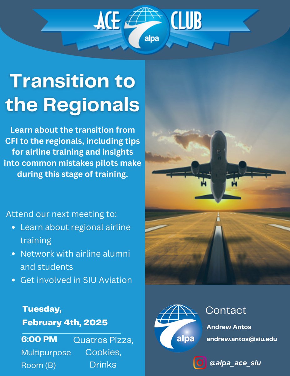 🌟✈️ SIU Aviation students and CFIs:  ALPA ACE is holding an information meeting on transitioning from a CFI to the regional airlines.  This is a great opportunity to learn from industry experts, hear valuable tips, and network.  See you there! #AlpaAce #PilotCareer #CFI