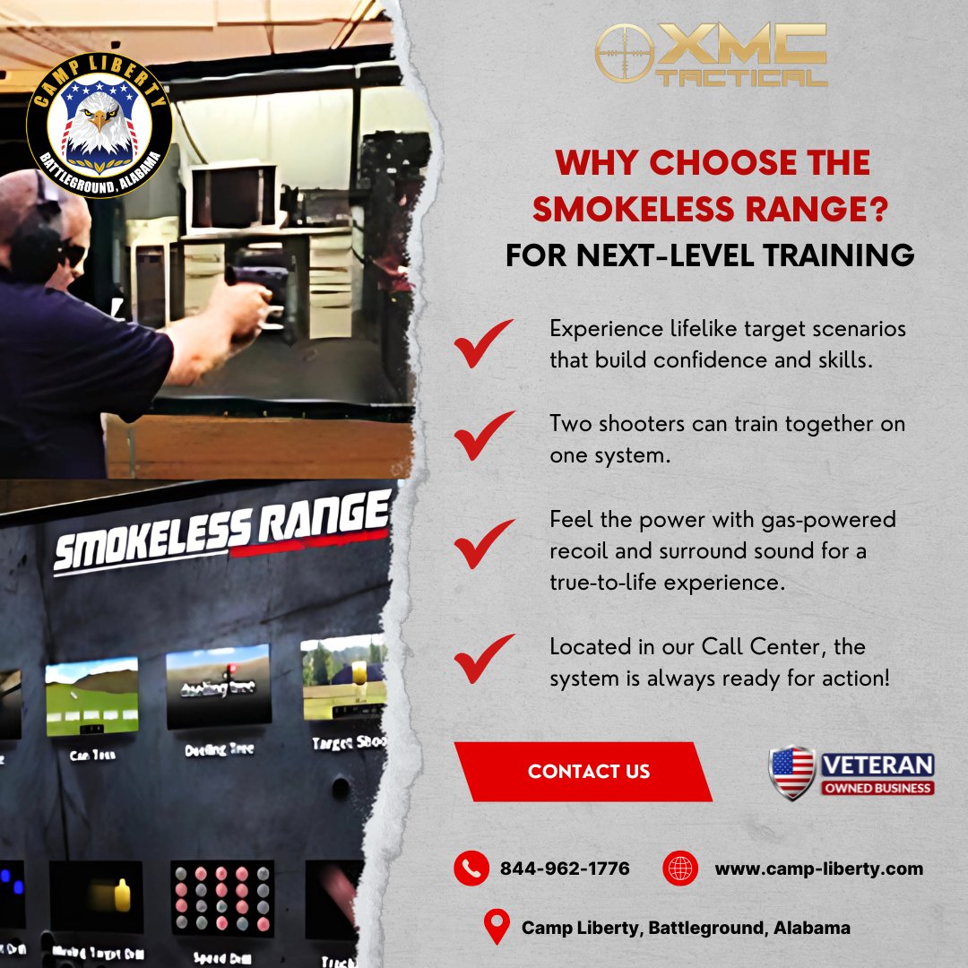 XMCCAMP's tweet photo. 🔥 Take training to the next level! The Smokeless Range combines cutting-edge tech and lifelike scenarios for future-ready skills. Ready to aim high? 🎯

📍 Camp Liberty, Battleground, Alabama
🌐 https://t.co/kOqVmRHYsO
☎️ Call 844-962-1776

 #campliberty #alabama #usa https://t.co/sjCPwYi48f