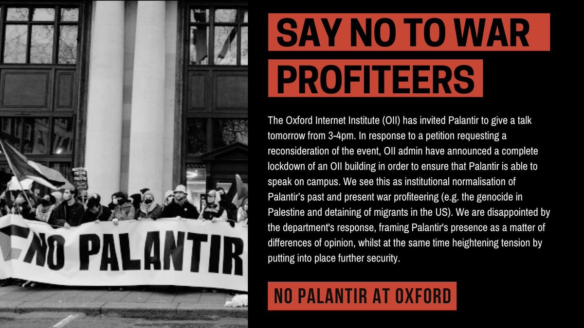 Anti-Racist OII (@antiracistoii) on Twitter photo We are disappointed in the Oxford Internet Institute's decision to host Palantir tomorrow, despite community requests to reconsider. Here are three things you can do to say no to Palantir at the <a href="/oiioxford/">Oxford Internet Institute</a> (1/3) We are disappointed in the Oxford Internet Institute's decision to host Palantir tomorrow, despite community requests to reconsider. Here are three things you can do to say no to Palantir at the <a href="/oiioxford/">Oxford Internet Institute</a> (1/3)