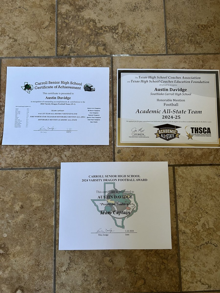 AustinDavidge90's tweet photo. Grateful to have closed out an unforgettable career as a Southlake Dragon. Honored to be 1st Team All-District, Honorable Mention All-Area, and Academic All-State. Huge thanks to my parents, coaches, and teammates—forever proud to wear the Dragon green. 🐉 https://t.co/U1BZVdoIKb