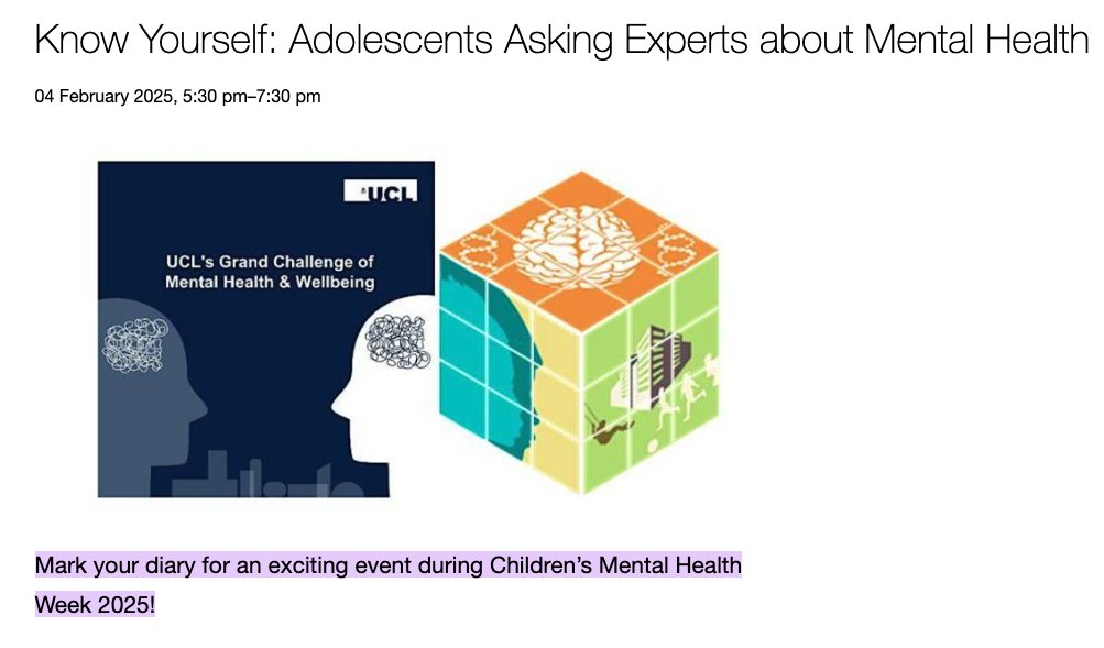 Dr Naresh Hanchate, PhD (@naresh_hanchate) on Twitter photo Mark your diary and join us for an exciting event during #ChildrensMentalHealthWeek 2025💛 <a href="/UCLchildhealth/">UCL Great Ormond Street Institute of Child Health</a>
Distinguished line-up of speakers/experts:
Prof @lilacCourt
Dr <a href="/georginakrebs/">Dr Georgina Krebs 💙</a>
Prof <a href="/DrAPitman/">Alexandra Pitman</a>
Prof Stringaris & Prof Vedding
eventbrite.co.uk/e/know-yoursel… <a href="/eventbritehelp/">Eventbrite Help</a> Mark your diary and join us for an exciting event during #ChildrensMentalHealthWeek 2025💛 <a href="/UCLchildhealth/">UCL Great Ormond Street Institute of Child Health</a>
Distinguished line-up of speakers/experts:
Prof @lilacCourt
Dr <a href="/georginakrebs/">Dr Georgina Krebs 💙</a>
Prof <a href="/DrAPitman/">Alexandra Pitman</a>
Prof Stringaris & Prof Vedding
eventbrite.co.uk/e/know-yoursel… <a href="/eventbritehelp/">Eventbrite Help</a>