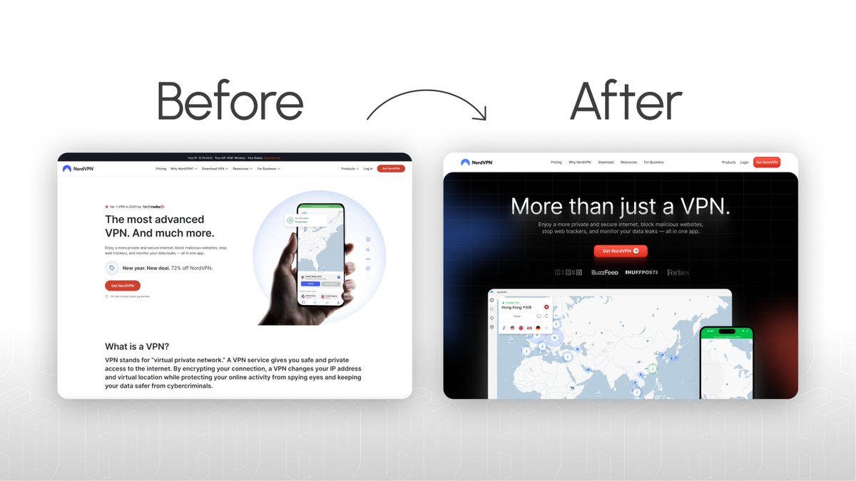 heffdzns's tweet photo. NordVPN Hero redesign

Before ➜ After https://t.co/AM6WsmkhWL