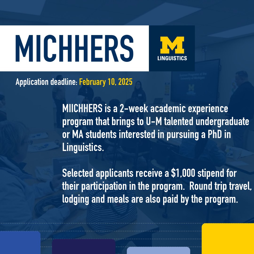 Interested in pursuing a Ph.D in Linguistics? Apply for MICHHERS by Monday, February 10, 2025.

For details about application, students can go to: myumi.ch/jZG5N