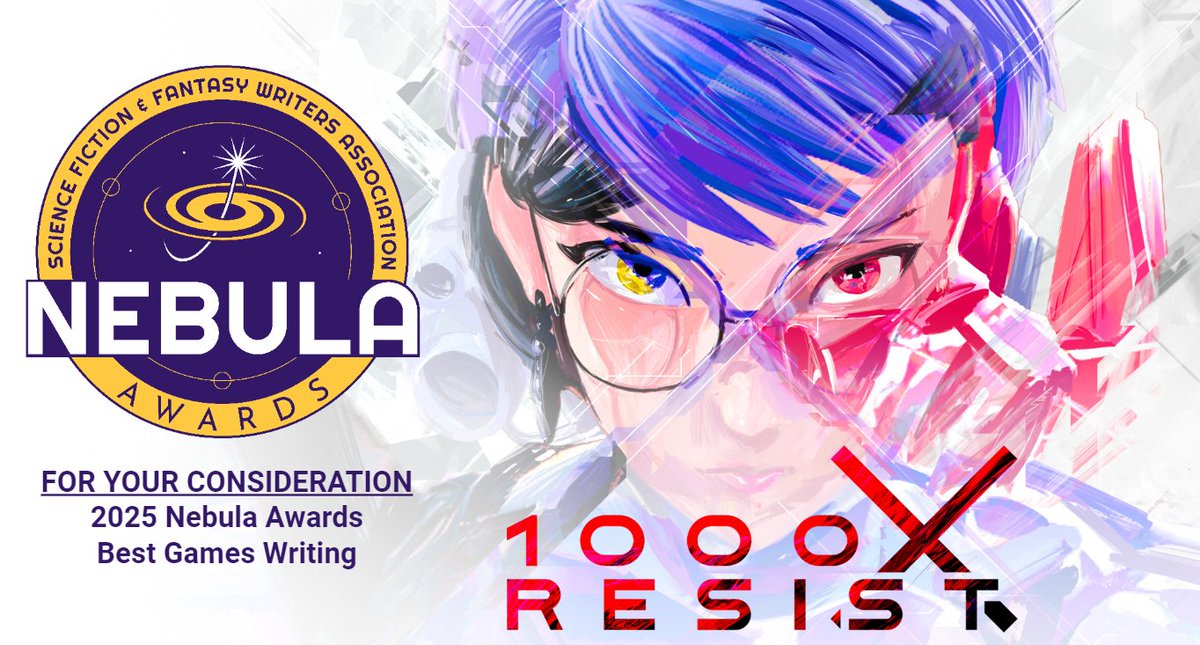 1000xResist's tweet image. 💫FOR YOUR CONSIDERATION: 1000xRESIST for Best Game Writing at the 2025 Nebula Awards💫

We are providing free codes for all SFWA members. If you know a member, please tell them! If you’re a member, you can get a code at the SFWA forums!

Also, feel free to DM! RT appreciated 🥰
