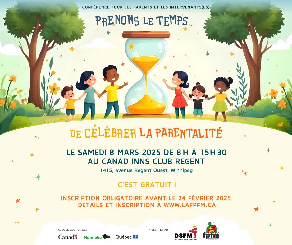 📢 Les inscriptions sont ouvertes pour "Prenons le temps de célébrer la parentalité"! 🎉
📅 8 mars 2025 | 📍 Canad Inns Club Regent
✨ Ateliers, réseautage, France Paradis en conférencière.
🎁 Gratuit + service de garde (places limitées).
🕔 Inscrivez-vous avant le 24 février!
