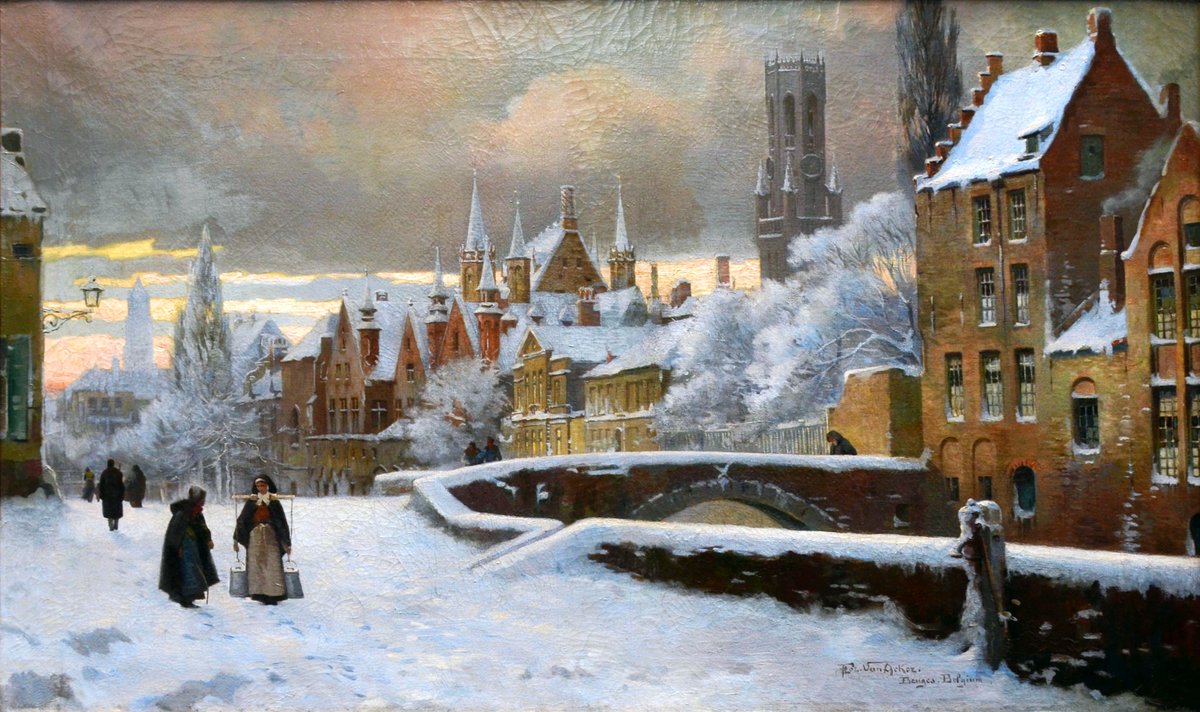 #GreatWinterPaintings □The Meebrug in Bruges Covered with Snow (1893) ☆FLORI VAN ACKER (1858-1940)▪︎A fairytale winter depiction of the popular Belgian town with the bridge from 1390 by a native of Bruges. Pity that the painting is now in storage▪︎🏛Groeningemuseum-BRUGES