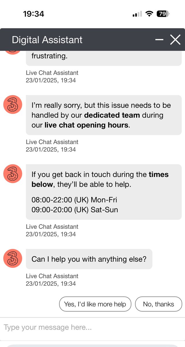 DavidB2791's tweet photo. @ThreeUK Can’t even speak to a person via chat you claim to be closed but advertise being open until 10pm? https://t.co/LPprEhObsi