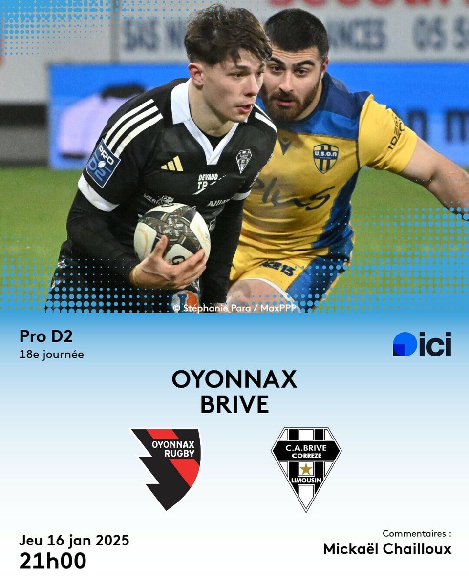 icilimousin's tweet photo. 💥 JOUR DE MATCH 💥
🏉 Le @CABCLRUGBY se déplace à @OyonnaxRugby pour la 18e journée de @rugbyprod2
⚪⚫ Coup d'envoi à 21 heures avec @Mike_Chailloux
#Rugby #USOCAB #FBsport
#ALLEZBRIVE ! 🏉⚫⚪
➡️ https://t.co/xD519vUmjB https://t.co/gSRmRbGXmy