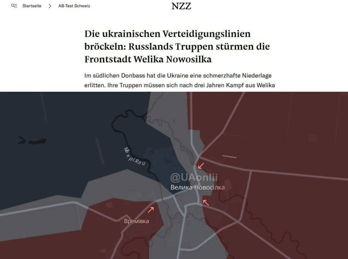 Geopolitik_2030's tweet photo. 🚨🚨🚨LA ORDEN DE RETIRARSE SE DIÓ DEMASIADO TARDE,LAS PÉRDIDAS SON CATASTRÓFICAS‼️
La defensa ucraniana en DONBASS se ha derrumbado: las FUERZAS ARMADAS DE UCRANIA están ATRAPADAS en VELIKAYA NOVOSELKA y SIN SUMINISTROS, -así describe la situación el medio Alemán Neue Zürcher Zeitung.
Las Fuerzas Armadas de Ucrania están rodeadas por tres lados (se dejó una salida a propósito)y esperan llegar a un lugar seguro a pie o en ferry a través del río, dejando atrás su equipo. El escenario actual recuerda a la costosa retirada de AVDEEVKA hace un año y de UGLEDAR en octubre.
⛔La publicación escribe que en ambos casos el alto mando esperó demasiado en una situación desesperada y dio la orden de partir demasiado tarde⛔