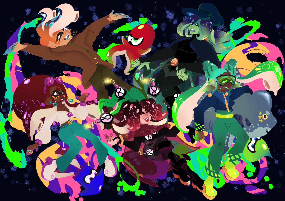SoddenPulse's tweet photo. CRC story mode team here! We have a surprising update with a cover splash art piece! 

Though, we will say...that ink in the background sure does look weird. Bit of an unpleasant color mix to look at, don't you think?

#splatoon #splatoonart https://t.co/lFNTi1CQ3F