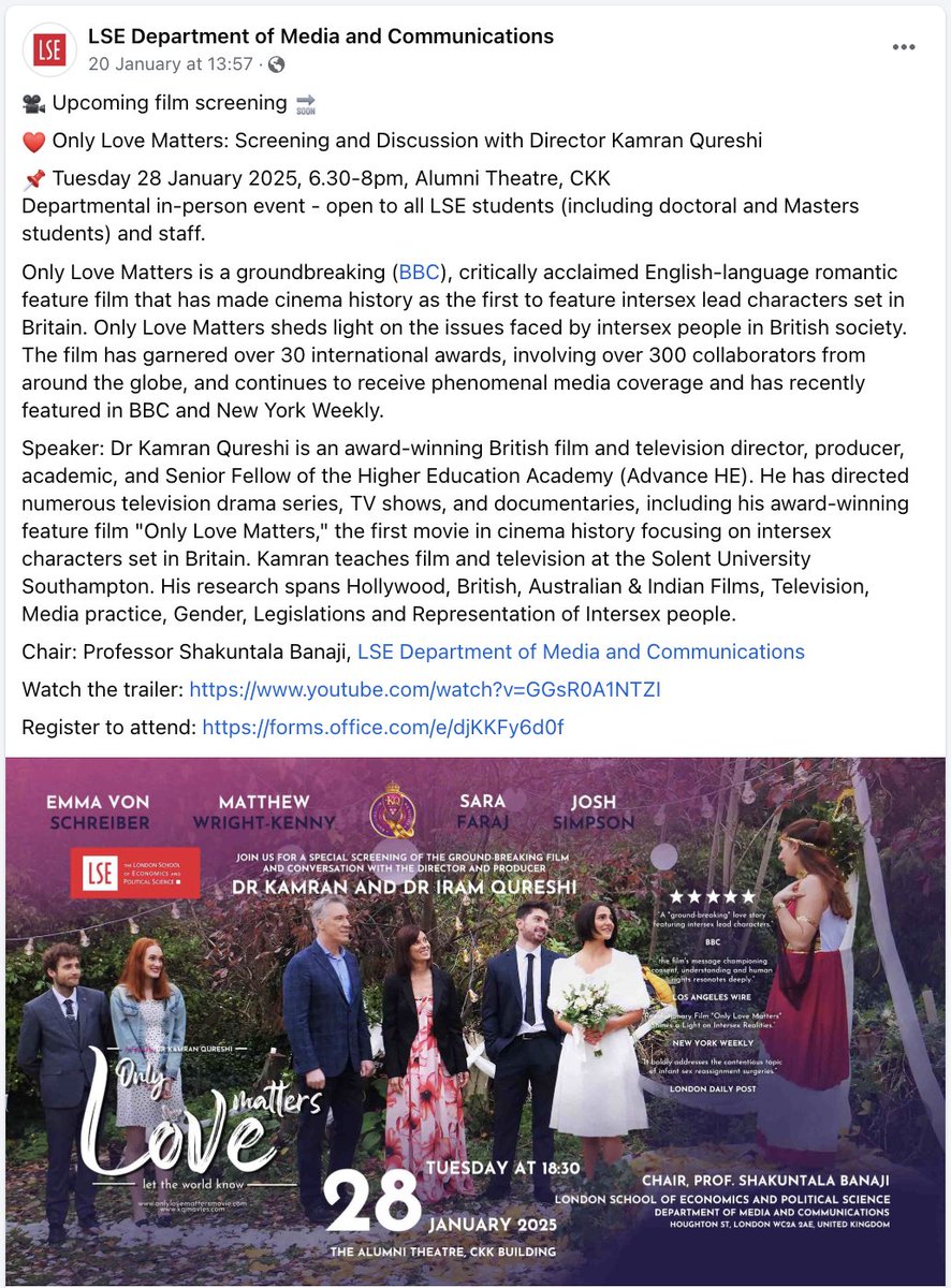 OnlyLoveMattersMovie (@onlylovematter) on Twitter photo Join us <a href="/LSEnews/">LSE</a> for a special screening of Only Love Matters 💖🎬
Followed by an inspiring conversation with Director <a href="/DrQureshiKamran/">Dr Kamran Qureshi</a> & Producer <a href="/DrIramkQureshi/">Dr Iram Qureshi</a>.
Organised by <a href="/MediaLSE/">LSE Media & Communications</a> (ranked #1 in 🇬🇧 & #2 globally <a href="/TopUnis/">QS Top Universities</a>) the event will be chaired by Prof. Shakuntala Banaji Join us <a href="/LSEnews/">LSE</a> for a special screening of Only Love Matters 💖🎬
Followed by an inspiring conversation with Director <a href="/DrQureshiKamran/">Dr Kamran Qureshi</a> & Producer <a href="/DrIramkQureshi/">Dr Iram Qureshi</a>.
Organised by <a href="/MediaLSE/">LSE Media & Communications</a> (ranked #1 in 🇬🇧 & #2 globally <a href="/TopUnis/">QS Top Universities</a>) the event will be chaired by Prof. Shakuntala Banaji