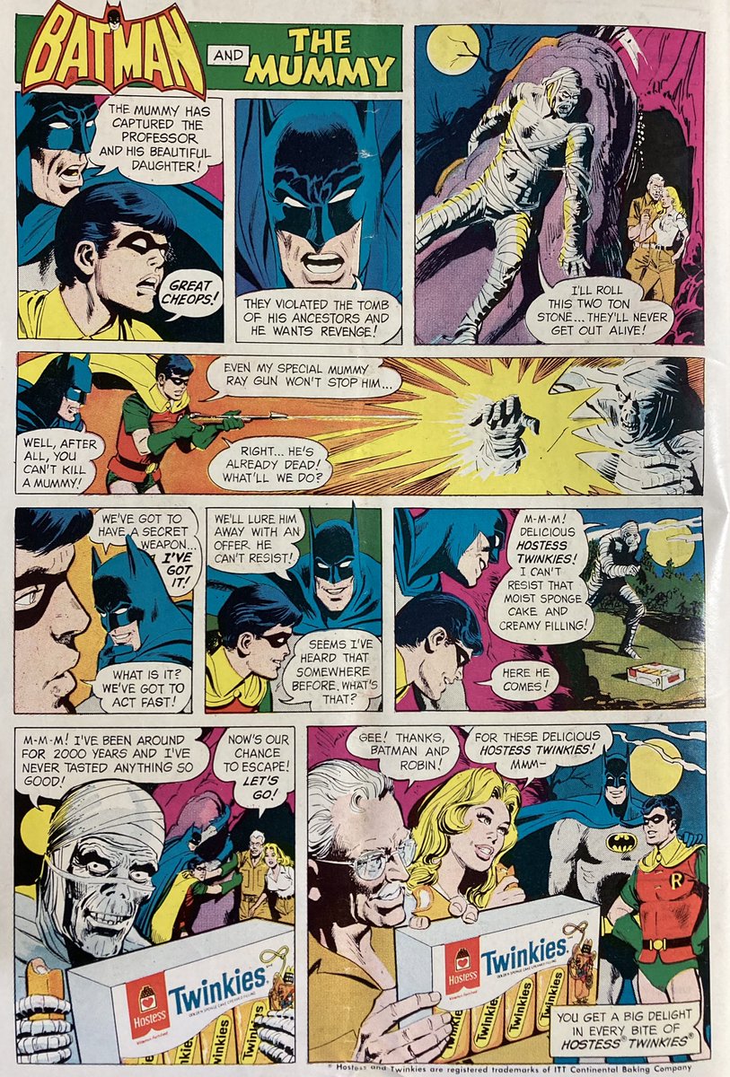 CanadaDaredevil's tweet photo. Luckily Robin always carries a “Special Mummy Ray Gun” in his utility belt. You never know when that might come in handy! #Smart 🤓 #Batman #Robin #HostessTwinkiesAds #70sComics @BiLLYd_licious https://t.co/LpKzbmxlol