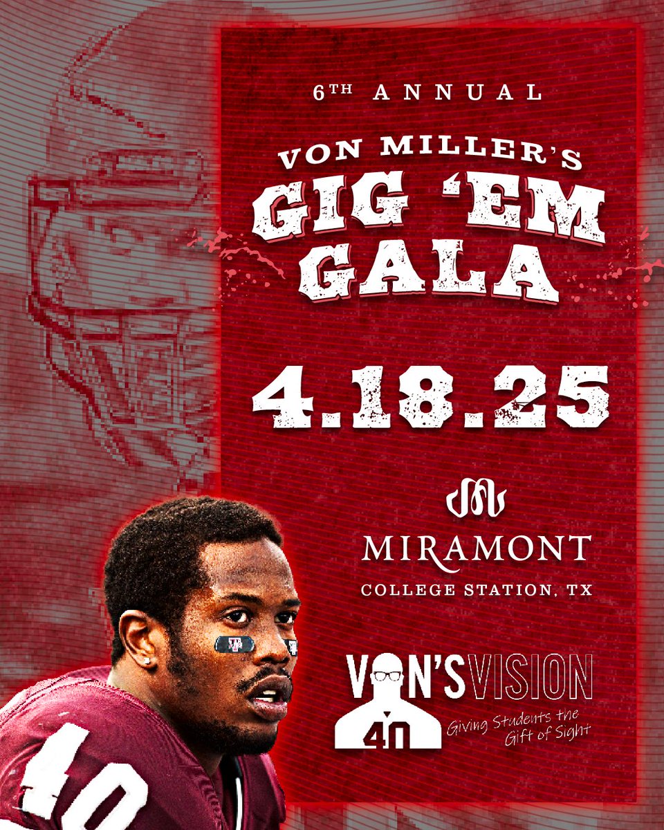 Join <a href="/VonMiller/">Von Miller</a> and #Aggie legends as he hosts the 6th annual #GigemGala benefitting the #VonsVision outreach programming at Texas A&amp;M University <a href="/tamuUHS/">Texas A&M University Health Services</a>. Over 1,000 Aggie students have received eyecare &amp; eyewear since 2018. Tickets are on sale now! gigem25.givesmart.com