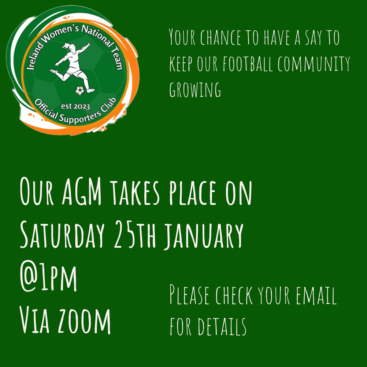 Please see details of our AGM happening this Saturday via Zoom. For those already on our mailing list, please check your email for Zoom link. If not, please contact us here and we’ll get you sorted 🇮🇪