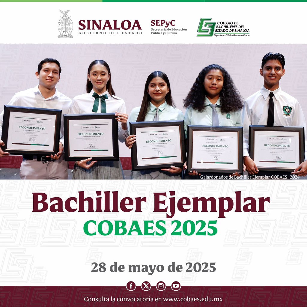 CobaesSinaloa's tweet photo. #NoticiasCOBAES | ¡Participa en el certamen “Bachiller Ejemplar 2025”!

COBAES invita a sus estudiantes a destacar por sus logros académicos, liderazgo, visión emprendedora y aportaciones al desarrollo social, cultural y deportivo. 

Consulta aquí: https://t.co/S1unAmt4uO https://t.co/zCMxx1yiSB