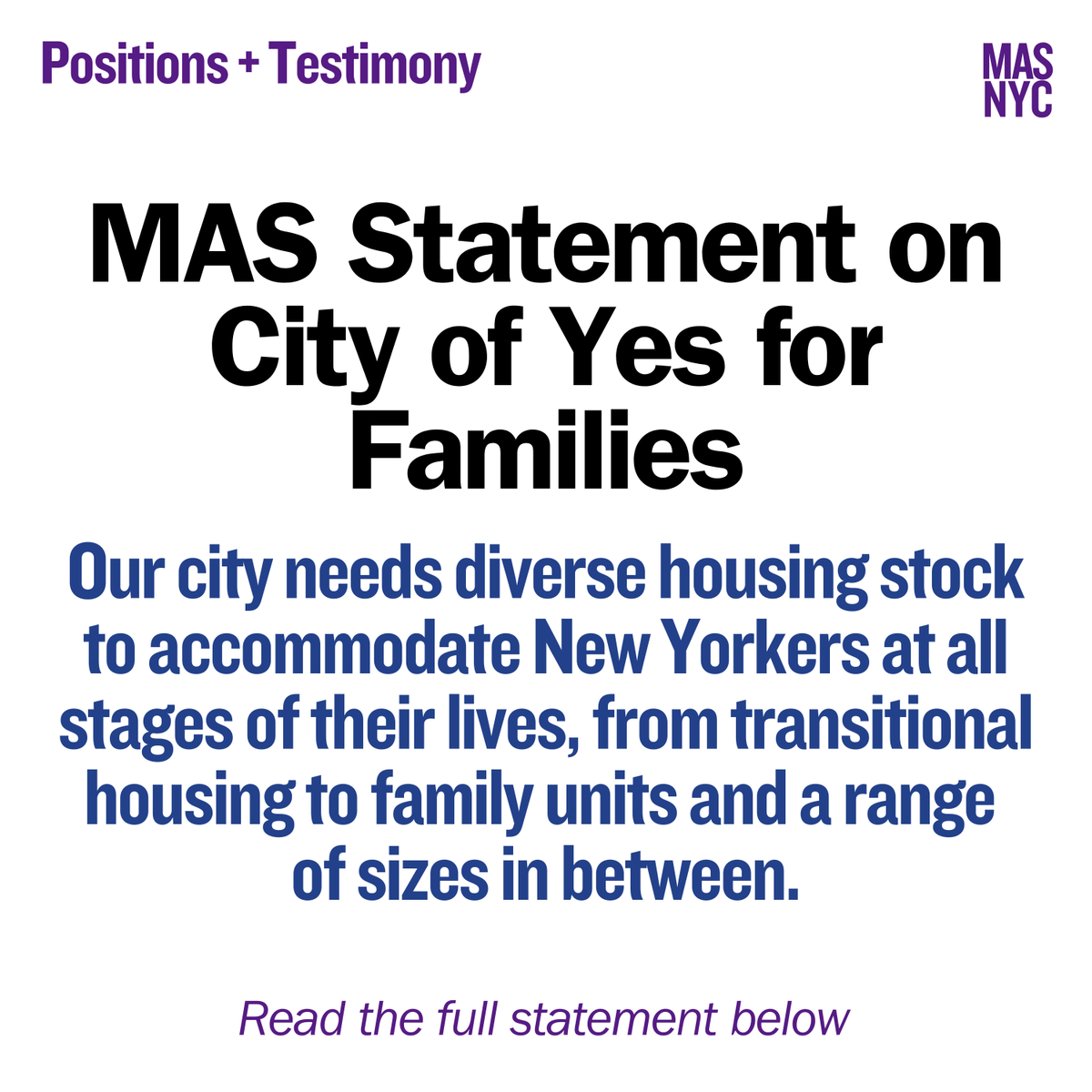 MAS support for #CityofYes for Housing Opportunity was predicated on a need to balance growth w/ incentives &amp; requirements that will create truly #affordablehousing for New Yorkers. Read more below