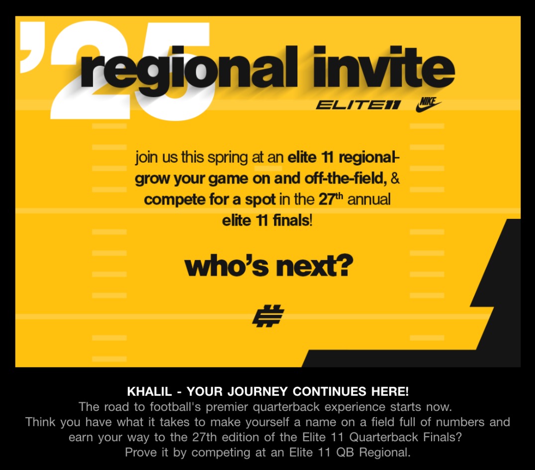 Khalil Abdul-Aziz (@khalilabdulaz1z) on Twitter photo Excited and blessed to receive an invite to the Elite11 regional camp. #staytune <a href="/Elite11/">Elite11</a> <a href="/prowaytraining/">"THE PROWAY FAMILY"</a> <a href="/Coach_JacobP/">Jacob Porter</a> @jreyes05_ <a href="/greg_zomalt/">Greg Zomalt</a> <a href="/GregBiggins/">Greg Biggins</a> <a href="/Ricoknowstiktok/">Rico Rico</a> <a href="/PGregorian/">Paul Gregorian</a> <a href="/Inland_Sports/">The Inland_Sports Show</a> <a href="/SportswithPep/">Pep Fernandez</a> <a href="/OrangeVistaFB/">Orange Vista Football</a> <a href="/OrangeVista_ATH/">OrangeVistaAthletics</a> Excited and blessed to receive an invite to the Elite11 regional camp. #staytune <a href="/Elite11/">Elite11</a> <a href="/prowaytraining/">"THE PROWAY FAMILY"</a> <a href="/Coach_JacobP/">Jacob Porter</a> @jreyes05_ <a href="/greg_zomalt/">Greg Zomalt</a> <a href="/GregBiggins/">Greg Biggins</a> <a href="/Ricoknowstiktok/">Rico Rico</a> <a href="/PGregorian/">Paul Gregorian</a> <a href="/Inland_Sports/">The Inland_Sports Show</a> <a href="/SportswithPep/">Pep Fernandez</a> <a href="/OrangeVistaFB/">Orange Vista Football</a> <a href="/OrangeVista_ATH/">OrangeVistaAthletics</a>