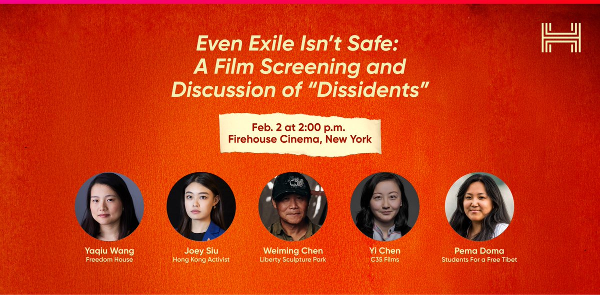 Join us for a special screening of "Dissidents" followed by a panel discussion with <a href="/Yaqiu/">Yaqiu Wang 王亚秋</a> <a href="/FH_China/">Freedom House China</a>  @jooeysiiu <a href="/WLCongress/">WORLD LIBERTY CONGRESS</a> <a href="/CHENWEIMING2017/">陈维明Weiming Chen</a> <a href="/LSPactual/">自由雕塑公园Liberty Sculpture Park</a> <a href="/SFTHQ/">Students for a Free Tibet</a> Pema Doma, supported by <a href="/HRF/">Human Rights Foundation (HRF)</a> <a href="/HRF_cn/">人權基金會 Human Rights Foundation</a> RSVP: shorturl.at/bsxSC