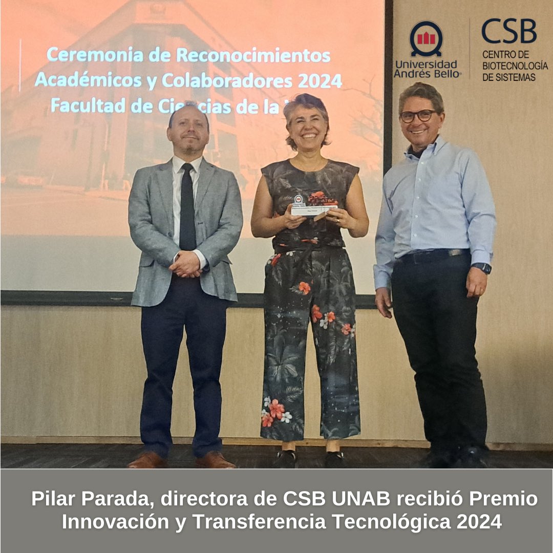 CSB_UNAB's tweet photo. 🌟 Esta semana la directora de #CSBUNAB, Pilar Parada, recibió el “Premio Innovación y Transferencia Tecnológica 2024”, otorgado por la Facultad de Ciencias de la Vida UNAB 🏆
¡Felicitaciones Pilar por este reconocimiento! 🎉
#Innovación #TransferenciaTecnológica https://t.co/b6vhIVF2YK