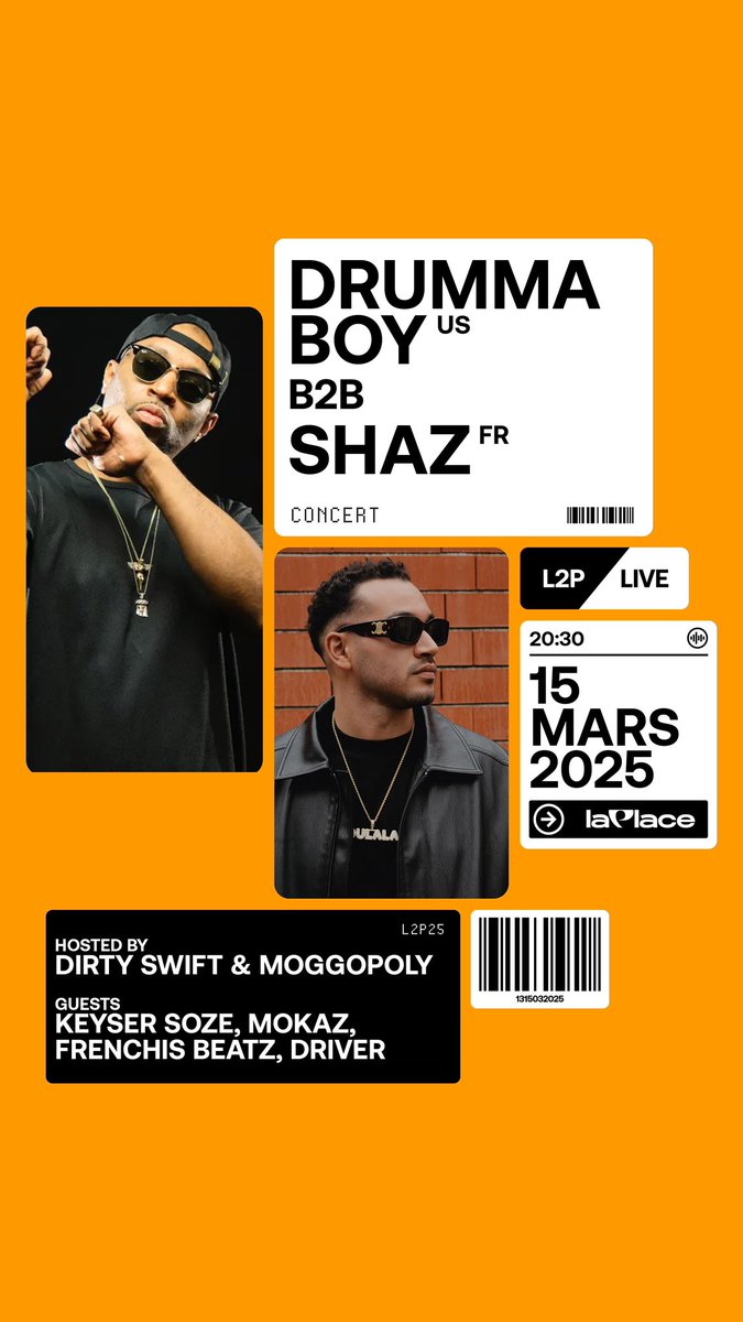 Moggopoly🎲 (@moggopoly) on Twitter photo ⚡️🎲Yo les Moggos!! Nous avons le plaisir avec <a href="/dirtyswift/">Dirty Swift</a> x @drivermc de vous annoncer que le Légendaire Producteur Drumma Boy vient à #LaPlaceHipHop de Paris le 15 mars en B2B avec l’excellent Beatmaker
<a href="/Shaz_producer/">OulalaShaz</a> 💯
Hosts : <a href="/dirtyswift/">Dirty Swift</a> x @drivermc
<a href="/golgoseize/">Scratch Bandicoot</a> x <a href="/_JTumba/">J</a> ⚡️🎲Yo les Moggos!! Nous avons le plaisir avec <a href="/dirtyswift/">Dirty Swift</a> x @drivermc de vous annoncer que le Légendaire Producteur Drumma Boy vient à #LaPlaceHipHop de Paris le 15 mars en B2B avec l’excellent Beatmaker
<a href="/Shaz_producer/">OulalaShaz</a> 💯
Hosts : <a href="/dirtyswift/">Dirty Swift</a> x @drivermc
<a href="/golgoseize/">Scratch Bandicoot</a> x <a href="/_JTumba/">J</a>