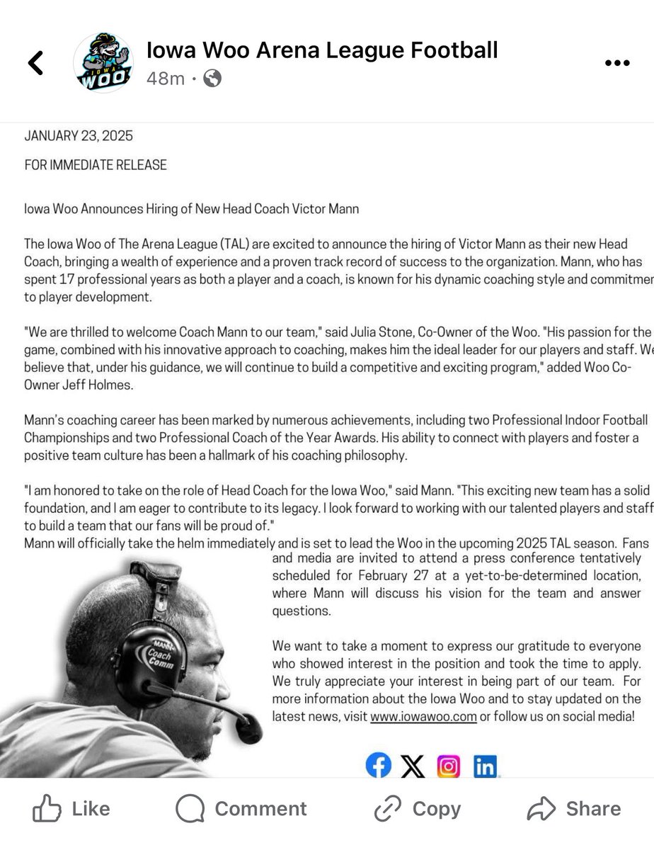TheMikeLathrop's tweet photo. NEWS:
@TheArenaLeagueโs Iowa Woo announce Victory Mann as their new Head Coach.
Per @IowaWooALF Press Release.
#IowaWoo #TheArenaLeague #TAL2025 #ArenaFootball https://t.co/NuUzCix5XS