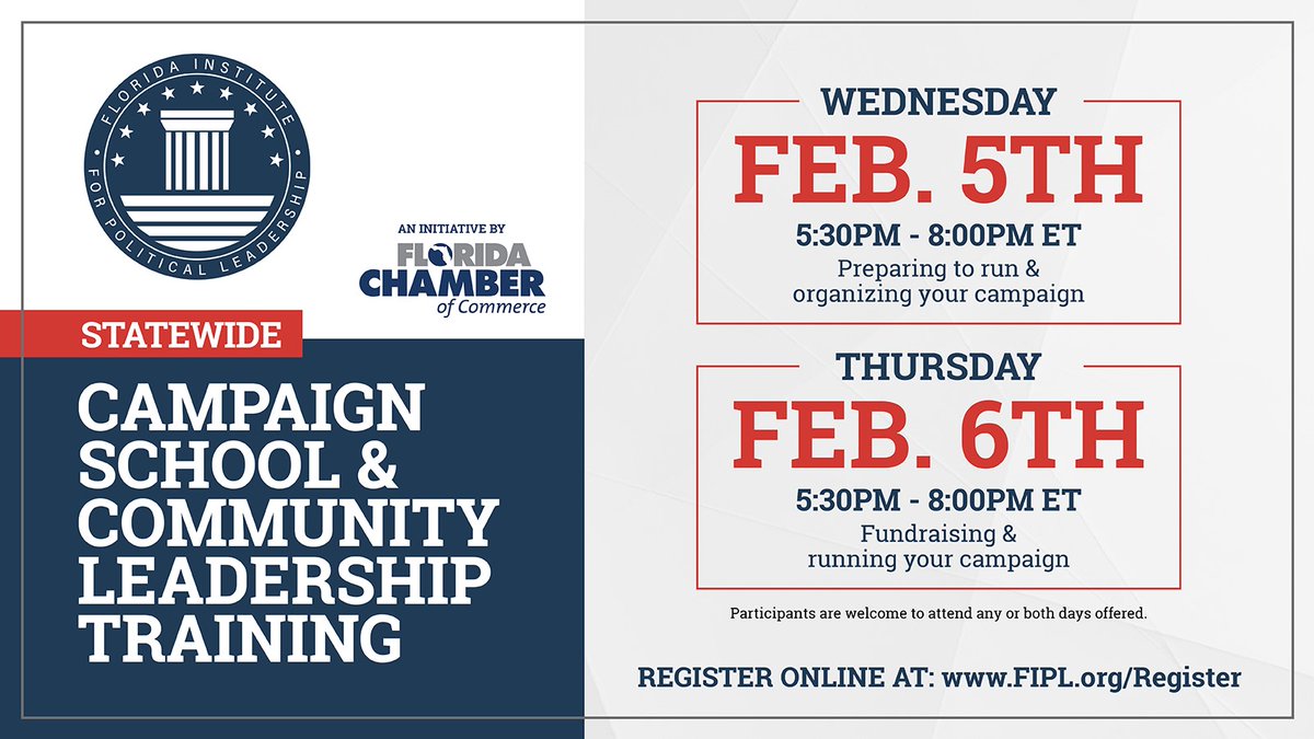 theFIPL's tweet photo. The Florida Institute for Political Leadership invites you to participate in our next Statewide Campaign School &amp; Community Leadership Training! All schools are non-partisan, open to everyone, and perfect for both new and experienced #leaders. Attend any or all days offered. https://t.co/zMdIzlrvNO