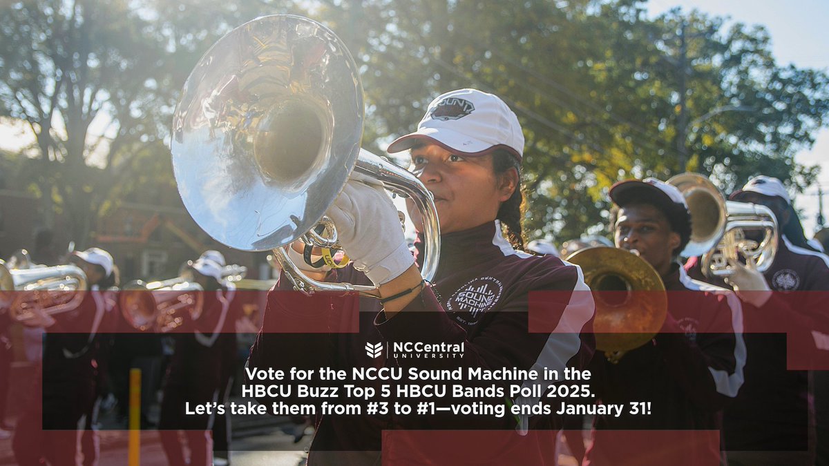 NCCU's tweet photo. #TheArtsAtNCCU | The HBCU Buzz Top 5 HBCU Bands Poll 2025 is live, and the #NCCUSoundMachine is ranked #3. Let’s push them to #1! Vote daily until January 31 and show your support for the best band in the land. VOTE TODAY: https://t.co/4OrJiDEIKS | #WeAreNCCU #EaglePride #HBCU https://t.co/JfdB6bee4t
