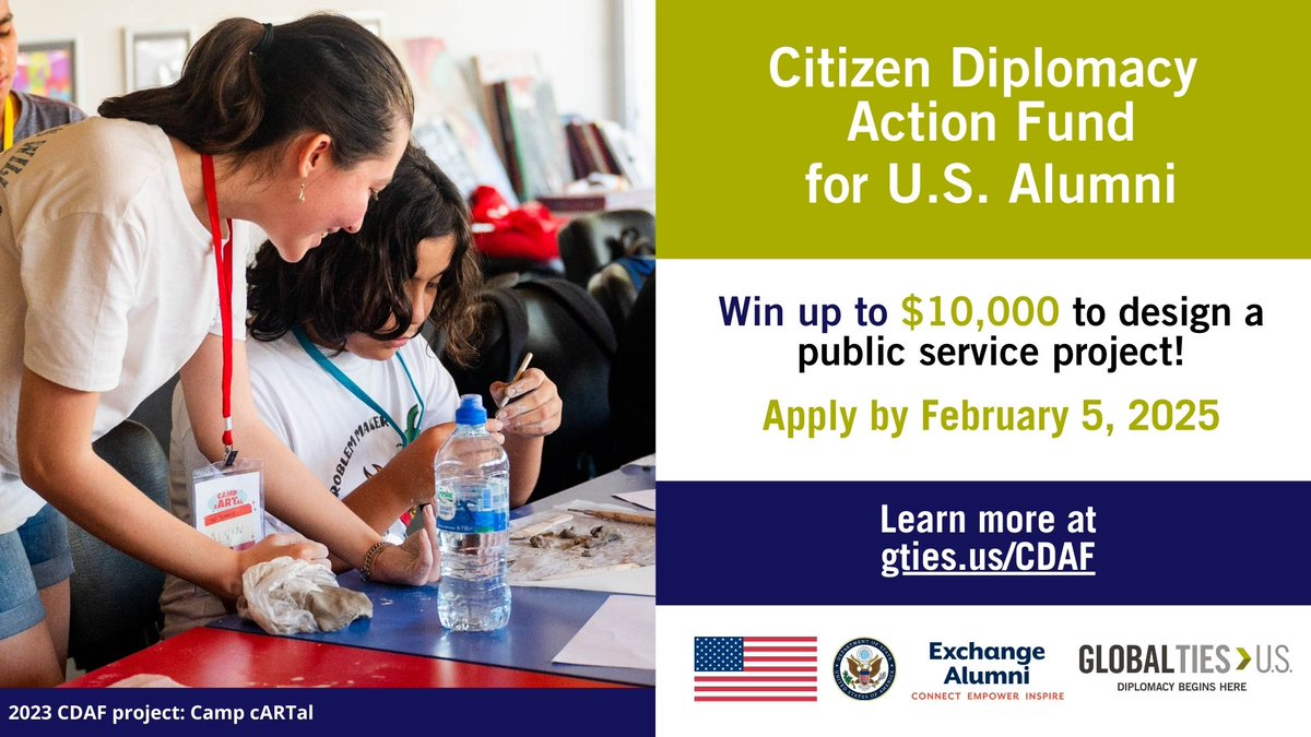 exchangealumni's tweet photo. Do you think about the power of people-to-people connections? What about the shared experiences of #ExchangeAlumni? Apply for a 2025 Citizen Diplomacy Action Fund (#CDAF) grant &amp; win up to $10K to build community networks. Learn more &amp; apply by 2/5/2025: https://t.co/4Mv1AguuqZ https://t.co/FEBu94tRXi